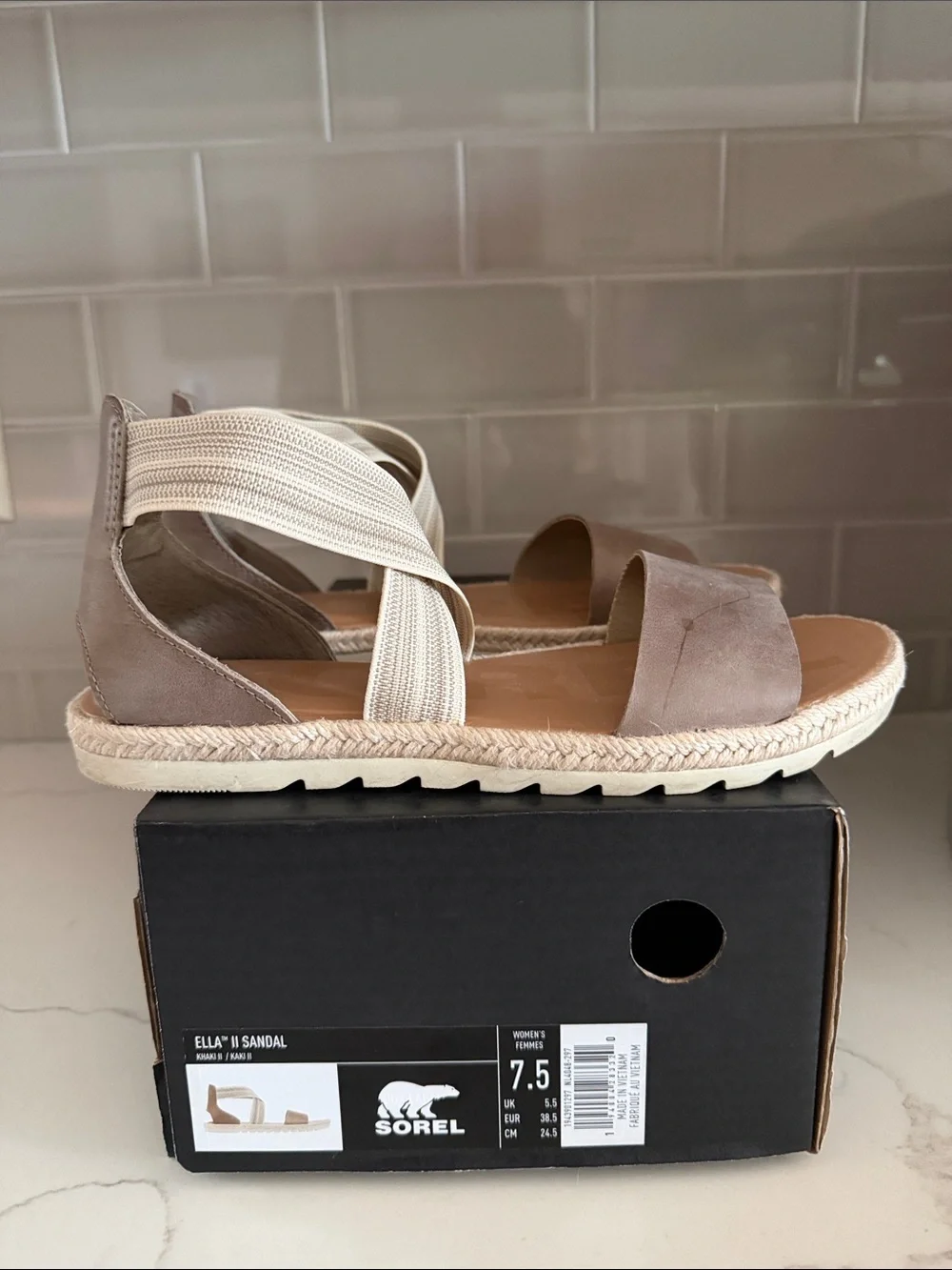 Sorel Ella II Espadrille Wedge in Taupe and Cream Straps